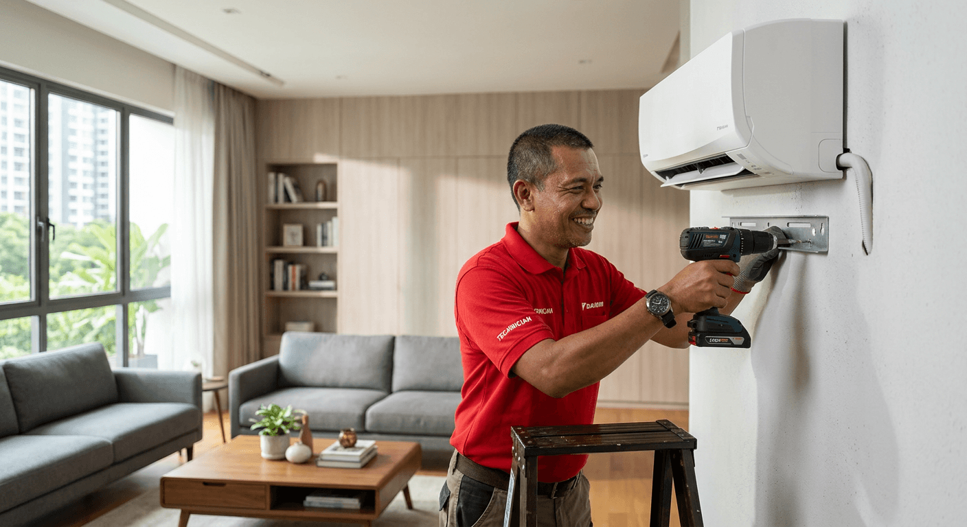Technician profesional memasang aircond Acson di rumah moden Malaysia
